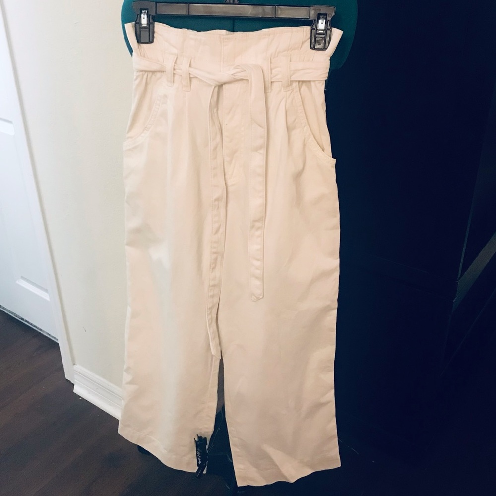 White Paper Bag Pants with Waist Tie Belt